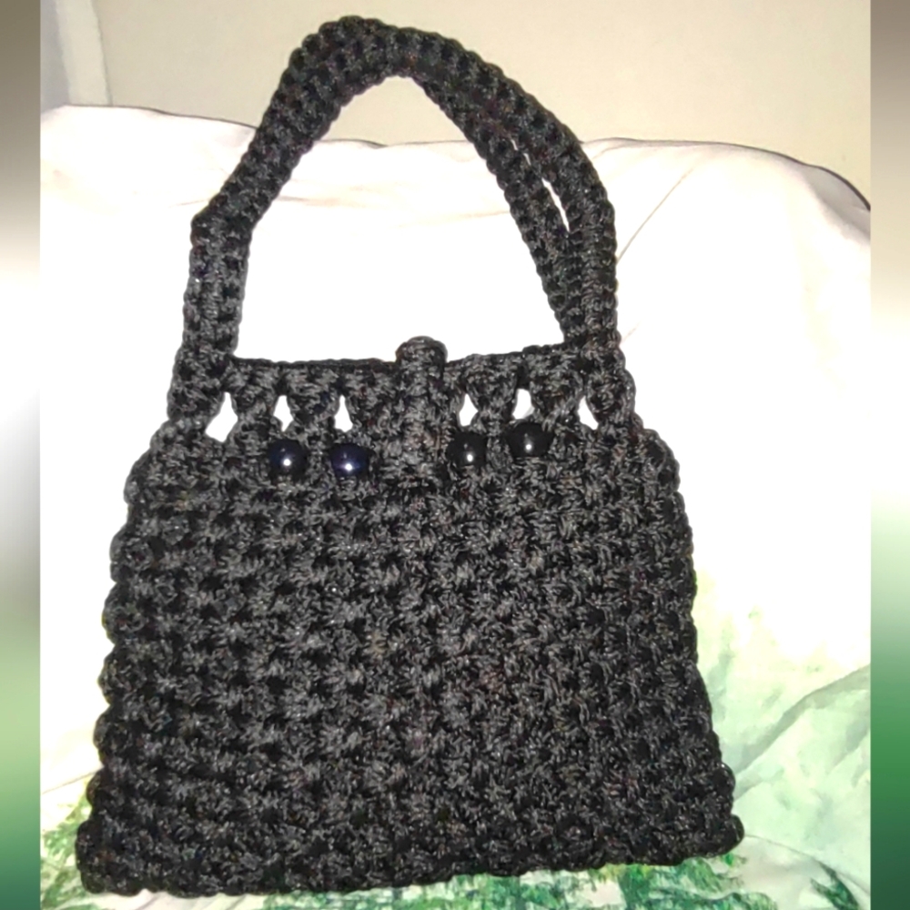 Vintage 1970s Black Macrame Crochet Shoulder Bag Purse